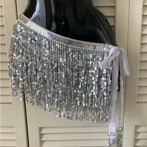 SOLD! 🔥Sexy belly dancer silver iridescent sequin tie skirt ONE SIZE